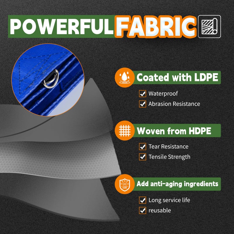 RAINDEWAY Tarp 10x14 Feet Heavy Duty Tarps 14 Mils with Metal Rings and Reinforced Corners and Edges,Waterproof,UV Resistant, Multipurpose Poly Tarp,Blue/Brown tarp - Image 3